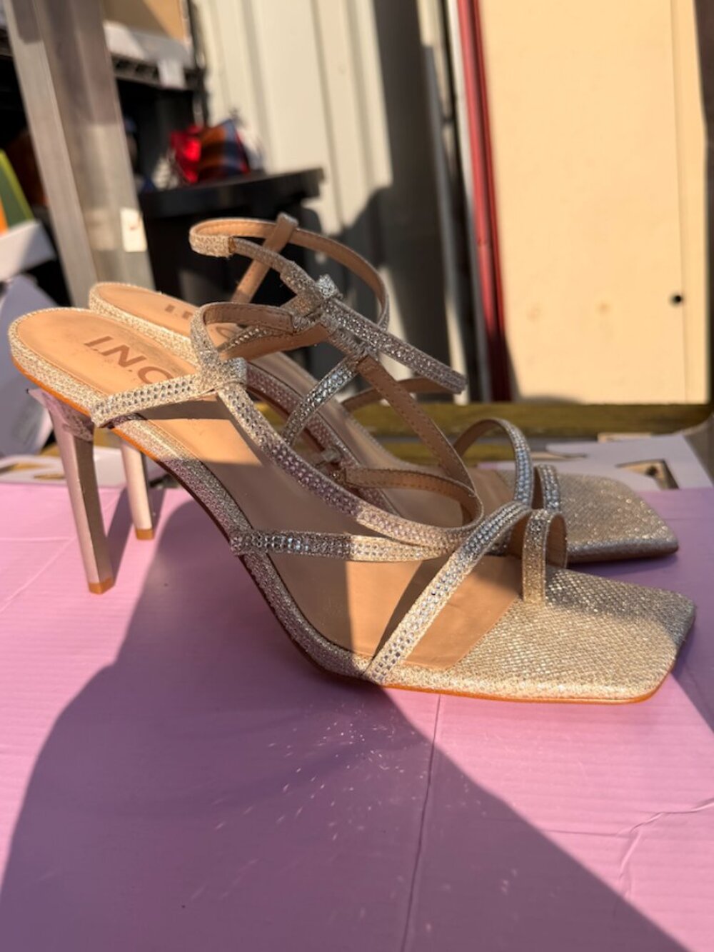 INC International Concepts Champagne Rhinestone Strappy Heels | Size 8
